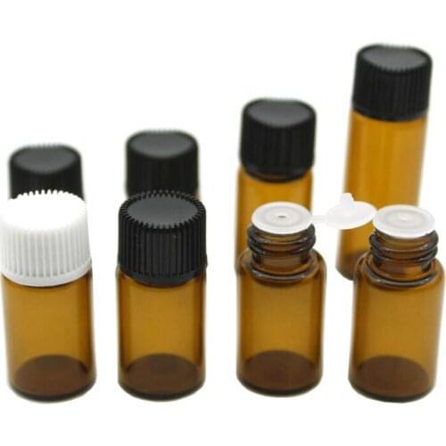 10PCS 1/2/3/5ml Mini Essential Oil Bottle Jar Orifice Brown Reducer & Cap Refillable Bottles Glass Vials Cosmetic Containers