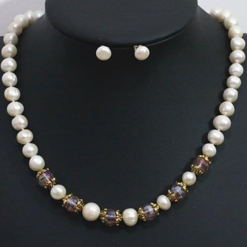 9-10mm round natural white freshwater pearl necklace crystal spacer beads elegant women jewelry 20inch B1424