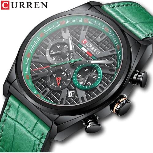 CURREN Mens Wrist Watches Classic Sports Chronograph Dials Quartz Leather Wristwatches for Male 2021 Green Clock