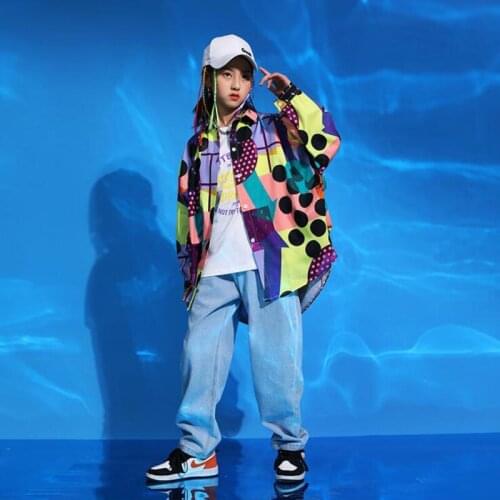 Kids Concert Outfits Hip Hop Clothing Tee Oversized Print Shirt Streetwear Jeans Pants For Girls Boy Singer Show Dance Costume