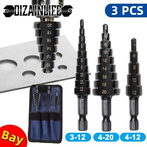 DIZAINLIFE 3-12 4-12 4-20 Straight Groove Step Drill Bit HSS Titanium Coated Hole Cutter Metal Wood Core Drilling Tools Set