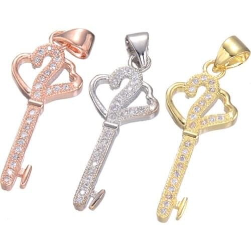Jewelry Making Supplies Copper with Zircon Rhinestone KEY Pendant Charms For Jewelry Making Necklace Findings Women Fashion Gift
