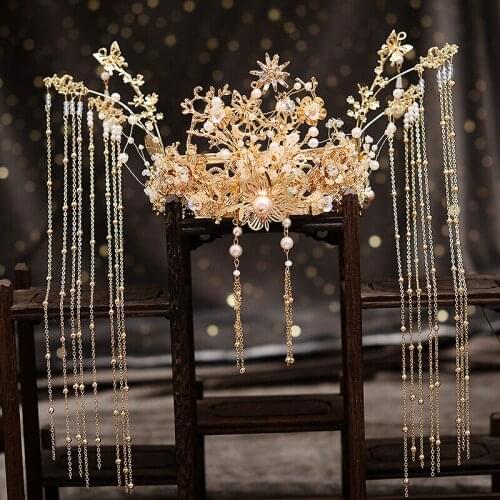 Fringe suit Chinese wedding show clothing ancient style phoenix crown hair accessories female golden phoenix crown +ear hooks
