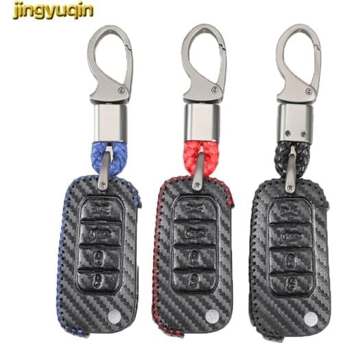 Jingyuqin Leather Carbon Remote Car Key Case For Jeep Renegade 2018 2017 2016 2015 4 Buttons Folding Flip Key Cover