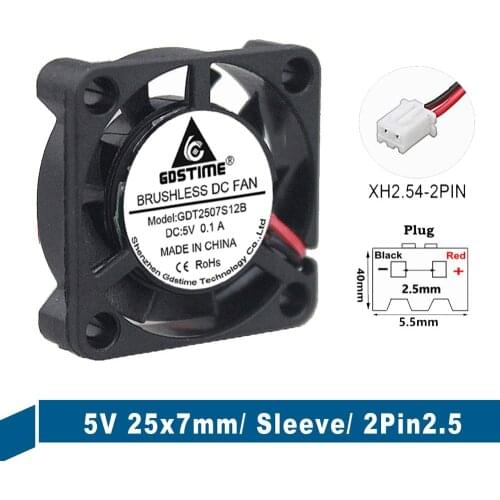 2Pcs 25mm*7mm 25mm 0.98 Inch 5V 2Pin-XH2.54 Mini DC Brushless Axial Cooling Cooler Fan