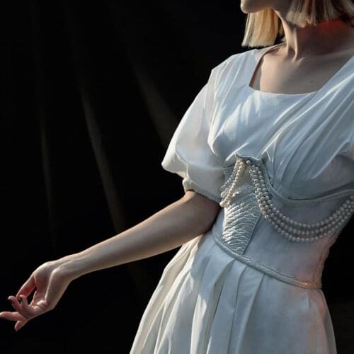 Corset Femme Mesh White Top Pearl Chain Bandage Gorset Y2k Aesthetic Gilet Womens Summer Clothing