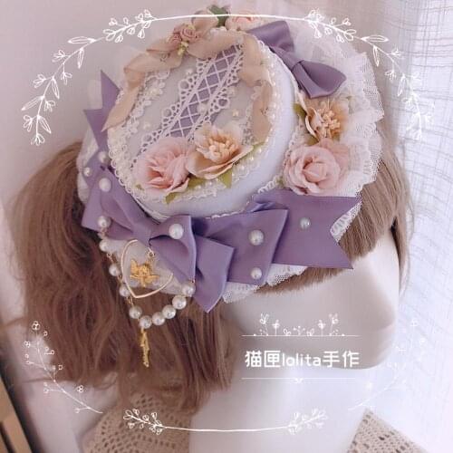 Lolita Handmade Headdress Smoke purple Small Top hat Tea Flower Pearl Lace Ribbon Bead Chain Hair Clip Hat elegant flat cap