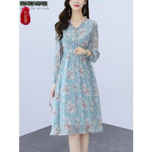 Ruffled Flower Chiffon Dress Fashion Women Elegant Office Lady Basic Wear Floral Print Vintage Red Feminine Vestidos