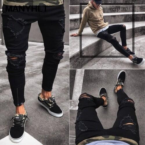 Mens Clothing Jeans Mens New Black Ripped Elastic Feet Zipper Pants Fashion Casual Feet Pants Streetwear Men Tracksuit