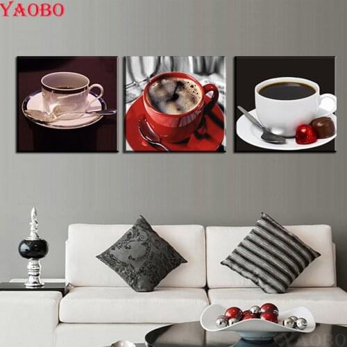 Wall Art Pictures 5D Diy diamond painting 3 Piece Coffee Cup Rhinestone Embroidery Mosaic Diamond cross stitch Crafts gifts