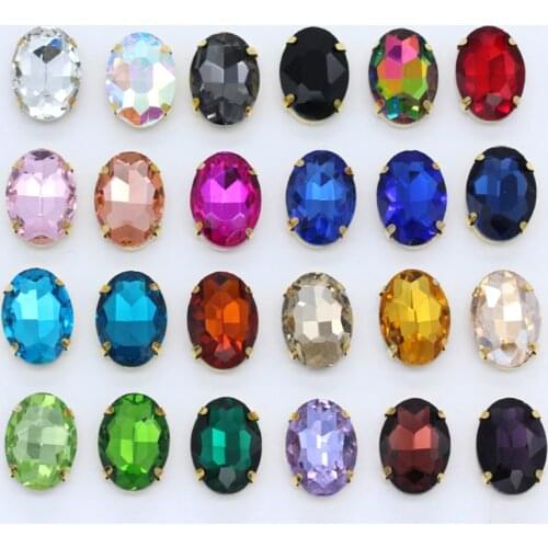 Oval sew on rhinestones with claw crystals glass stone sewing crystal jewels gold base 4-hole button clothing Accessories