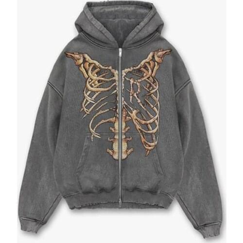 Zip-up y2k harajuku anime goth Korean style hoodies loose skull goth print grunge long-sleeves hooded solid color retro jacket