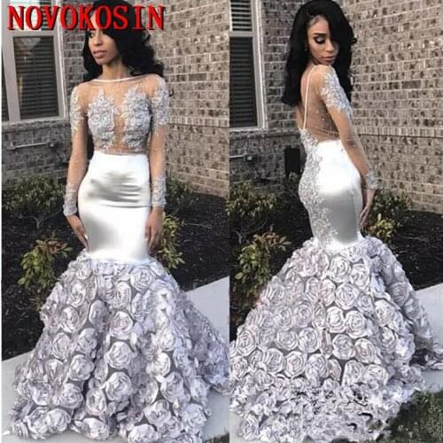 Mermaid 3D Flowers Long Sleeve Prom Dresses 2019 Sheer Bead Lace Applique Ruffled Formal Evening Gowns Black Girls Party Dress
