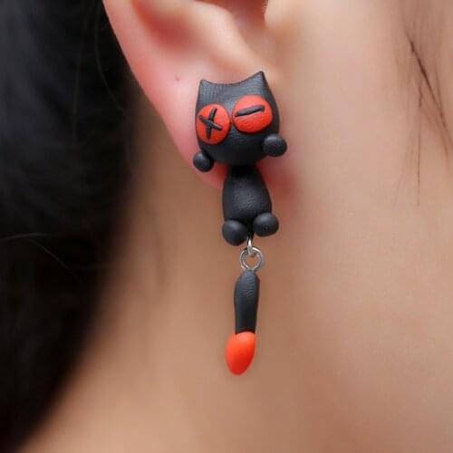 W-AOE New Design Cute Black Cat Stud Earring Fashion Jewelry Polymer Clay 3D Cartoon Animal Earrings For Women Girl Child Gift