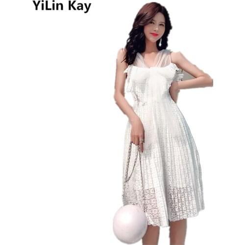 YiLin Kay 2019 High Quality Fashion Runway Designer lace Dress sexy backless Net yarn ribbon Holiday dress
