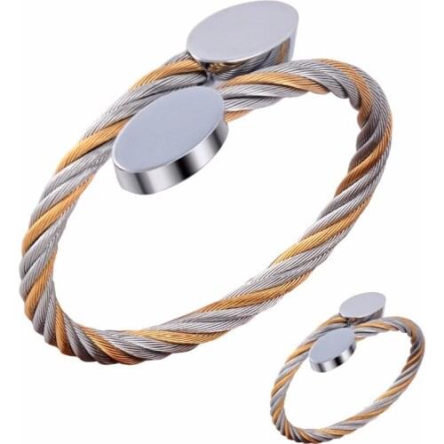 Stainless Steel Jewelry fashion women 2 tone cuff bangle with ring set casual cable stretch wire bracelet dropship