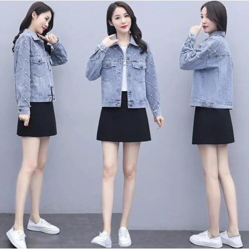 Heavy Industry Denim Jacket Female 2021 Spring Autumn Loose Beaded Casual Korean Wild Jeans Jacket Women Coat Blue 498