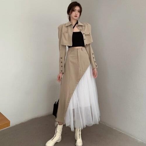 Autumn Women Fashion Retro Suits Khaki Two Pieces Full Sleeve Short Jacket&High Waist Chiffon Patchwork Long Skirt Sets Outfits
