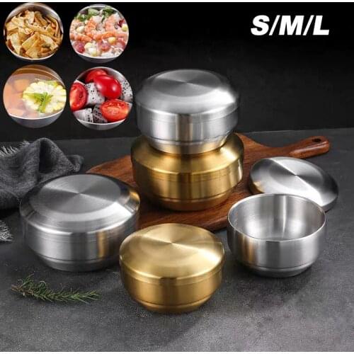 1Pc Korean Style Stainless Steel Bowl Children Double-layer Ramen Fruit Soup Noodle Pickle Bowl With Cover
