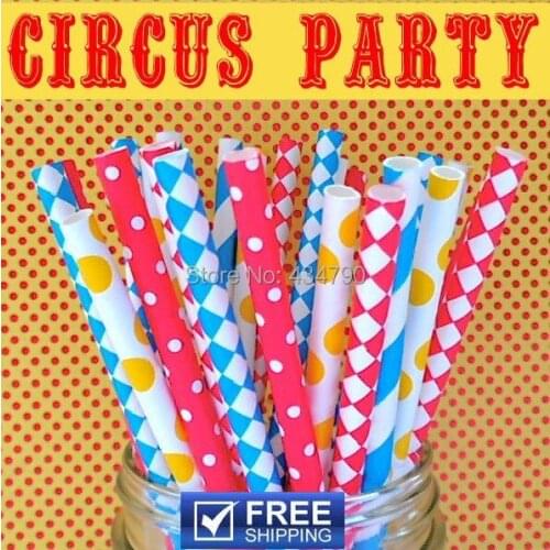 250pcs Mixed 5 Designs Circus Party Paper Straws Wholesale, Yellow, Blue, Red Striped, Swiss Dot, Polka Dot, Diamond