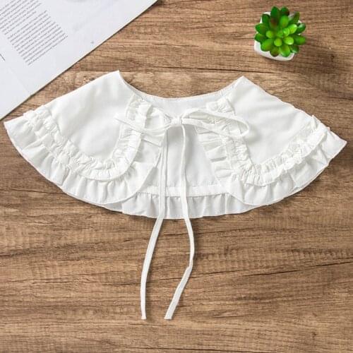 40GC Womens Lolita Doll Double Layer Ruffles Fake Collar Shoulder Wrap Solid Color Ribbon Bowknot Bottoming Shirt Shawl Cape