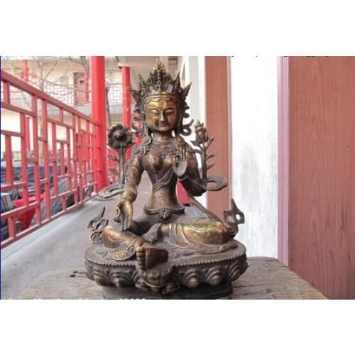 FREE SHIPPING Tibet Fane classical Bronze Green TaRa Guan Yin Bodhisattva padma Buddha Statue 28CM