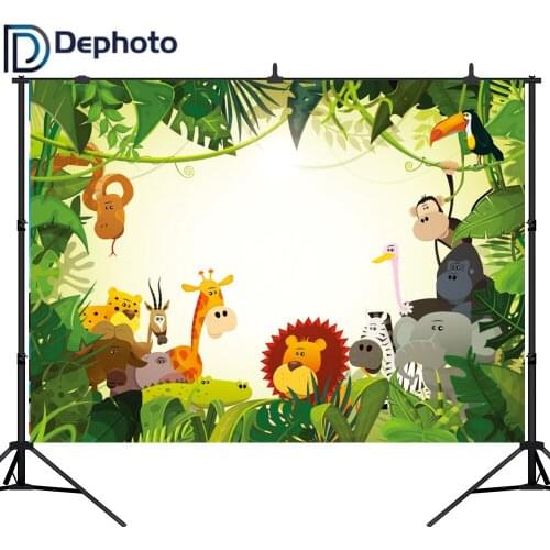 DePhoto Jungle Safari Party Photo Background Animals Forest Photography Backdrop Baby Happy Birthday Theme Party Banner decor