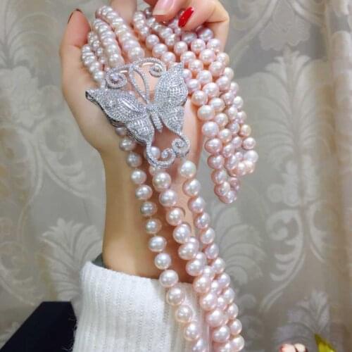 Natural fresh water pearl black tahitian pearl butterfly double layer sweater chain micro set long necklace 8-9mm 30-32inch