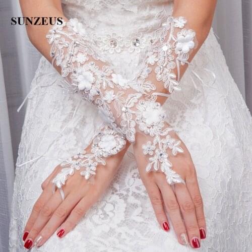 Fingerless Long Wedding Gloves White Lace Appliques with Beaded Shiny Wedding Accessories Gloves for Bridal SG15
