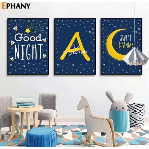 Baby Boy Good Night Moon Star Canvas Painting Nordic Customized Name Nursery Wall Art Kid Bedroom Prints and Posters Picture