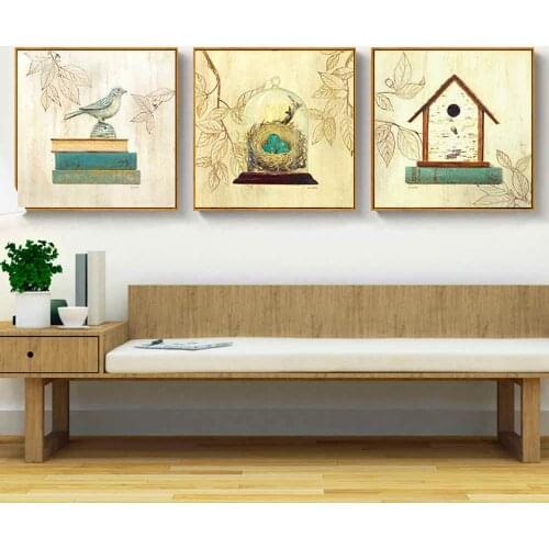 HAOCHU Painting Wall Art Bird Chinese Style Classical Print Poster Birdcage Simple Wall Pictures Canvas For Living Room Decor