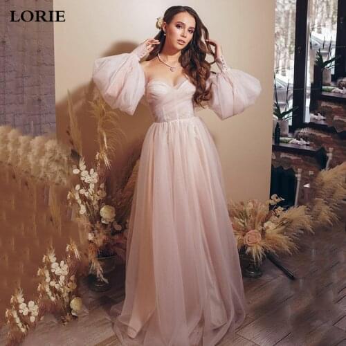 LORIE Light Pink Sweetheart Wedding Dress With Detachable Puff Long Sleeves Tulle A Line Bride Dresse Country 2021 Bridal Gowns