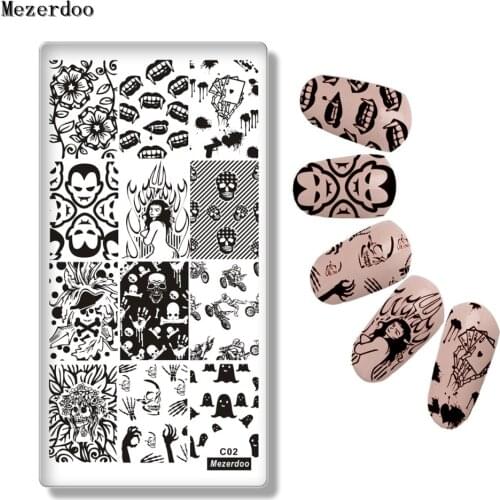 Mezerdoo Halloween Vampire Nail Stamping Plates Skull Bloody Tooth Image Stamping Nail Art Manicure Template Nail Stamp Tool C02