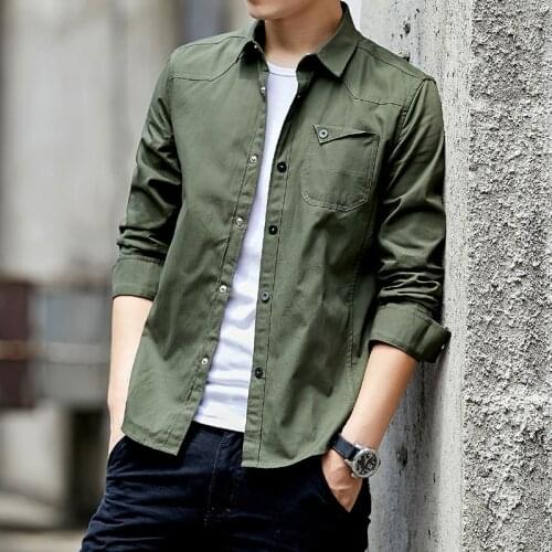 Mens Shirts Casual Military Cotton Shirt 2019 Green Slim Fit with Pocket Long Sleeve Vintage Jacket Streetwear Drop Shipping