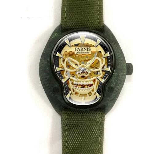 Parnis PIRATE Seriers Men Sport Punk Styel Carbon Fibre Case Luminous Skull Hollow Out Dial Automatic Mechanical Wrist Watches