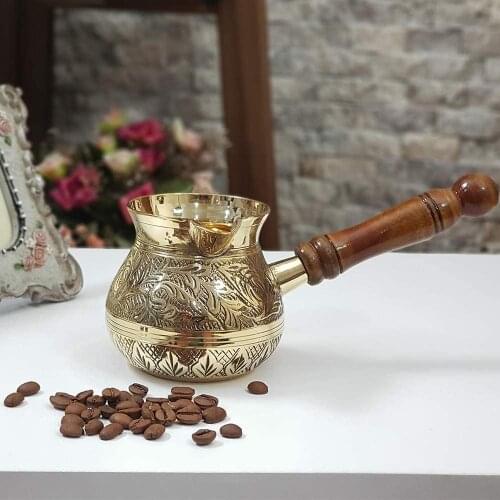 Set of 3) Turkish Greek Moroccan Coffee Pots Maker Kettle Cezve for Stovetop Serving Espresso with Wooden Handle Hammered Brass