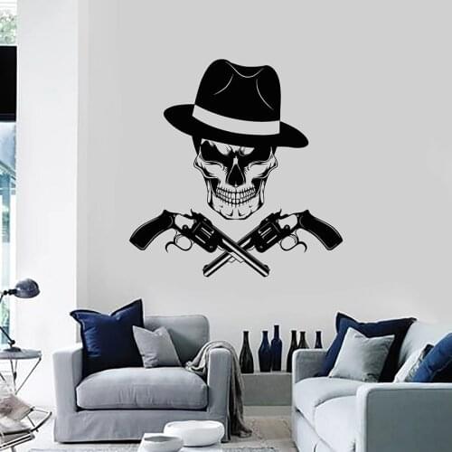 Skull Head Wall Decal Death Gangster Guns Hat Mafia Cool Style Vinyl Window Stickers Bedroom Man Cave Home Decor Art Mural M011