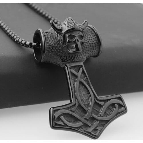 Hip Hop Biker Stainless Steel Black Viking Mjolnir Rune Thor Hammer Amulet Box Chain Skeleton Pendant Necklace Mens Boys Jewelry