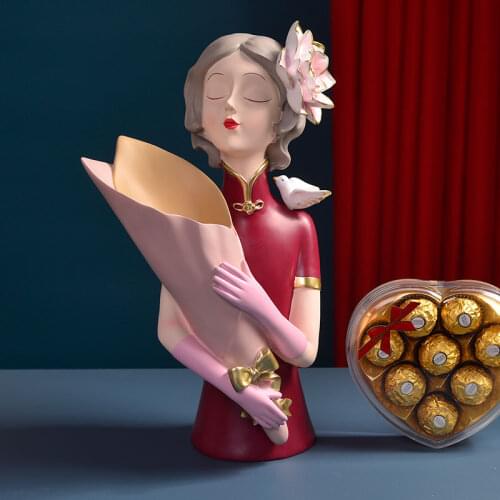 Chinese Cheongsam Girl Vase Storage Tray Resin Ornaments Home Livingroom Desktop Figurines Decoration Bookcase Sculpture Crafts