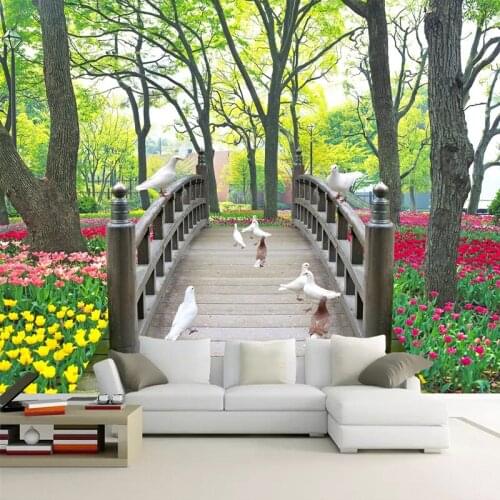 Custom Photo Wallpaper Park Wooden Bridge Pigeon Forest Landscape 3D Wall Painting Living Room Bedroom Kitchen Decoration Mural