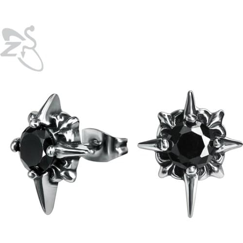 ZS Mens Stainless Steel Earrings Black Punk CZ Stone Star Ear Stud Jewelry 1 Pair Hip Hop Earring Gothic Jewlery Accessories