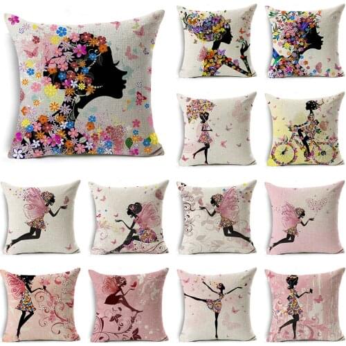 WZH Fairy & Flower Linen Cushion Cover 45x45cm Linen Decorative Pillow Cover Sofa Bed Pillow Case