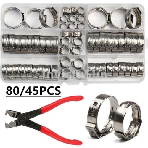 80/45pcs Stainless Steel 1-Ear Stepless Clamp Worm Drive Fuel Water Hose Pipe Clamps Clips+ 1PC Hose Clip Clamp Pliers