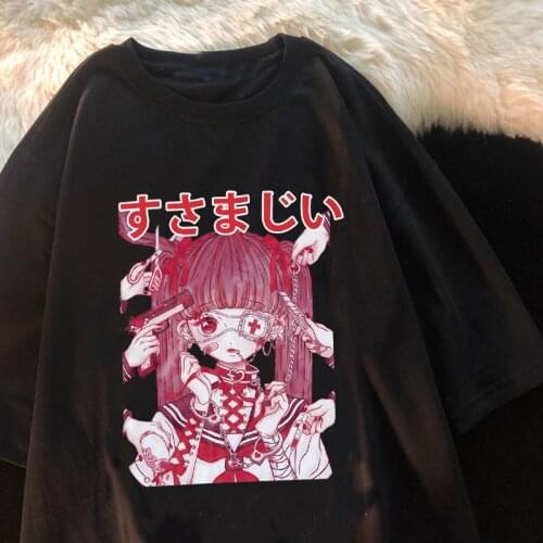 Manga Goth Female Anime Tshirt Tee Aesthetic Women T-shirt Punk Grunge Streetwear Ladies Gothic Top T Shirt Harajuku Clothes Y2k