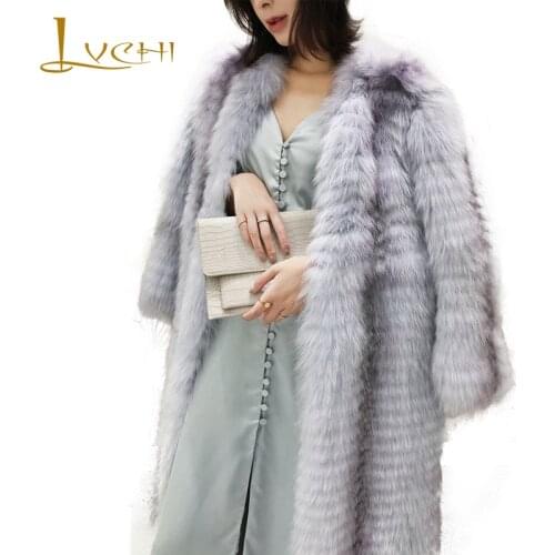 LVCHI 2019 Winter Real Fox Fur Coat O-Neck Natural Fox Fur Coat Womens Solid Sliver Color Long Sleeve Long Wave Fox Fur Coats