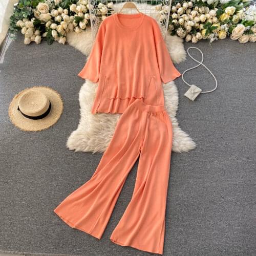 Women Two Piece Sets Spring Autumn Side Slit Round Neck Mid-sleeve Knitted Sweater High Waist Wide-leg Pants Suit Woman Outfits