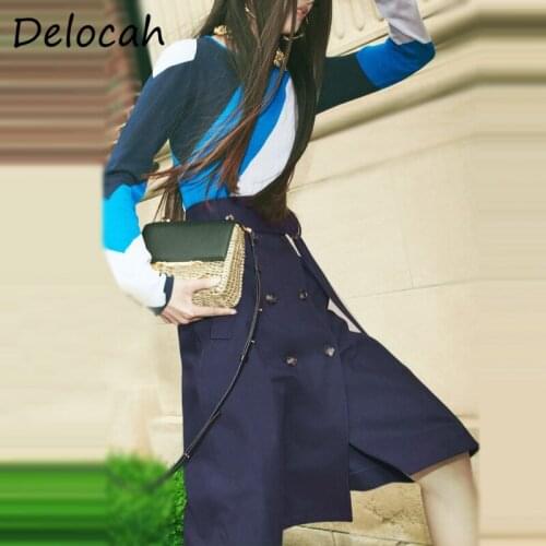 Delocah New 2021 Autumn Women Fashion Runway Skirts Set Long Sleeve Knitting Sweaters + Double Breasted Print Midi Skirts Suits