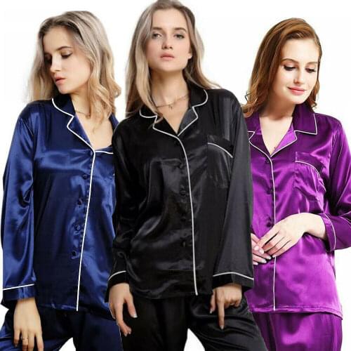 Womens Pajama Sets Button Underwear Long Sleeve Loose T-shirt Top&Silk-like Satin High-waist Long Pants Stylish Sleepwear S-XL