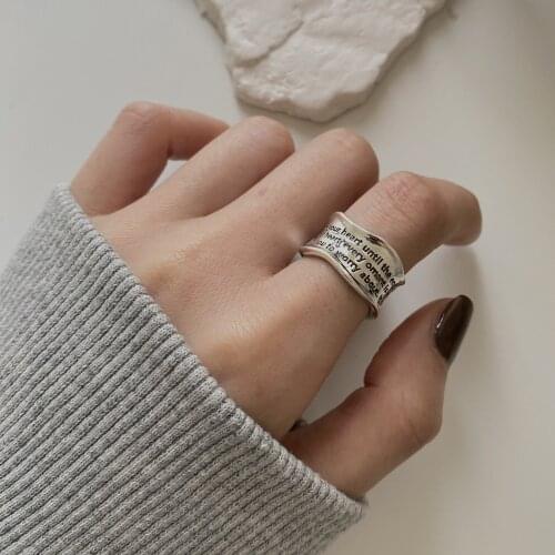 VENTFILLE 925 Sterling Silver Geometric Wide-sided Letter Wave Pattern Female Retro Ring