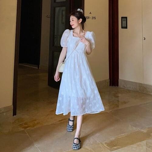 Puffy Sleeve Dress Female Summer New Floral Fairy Skirt Square Neck Lace A-line Skirt
